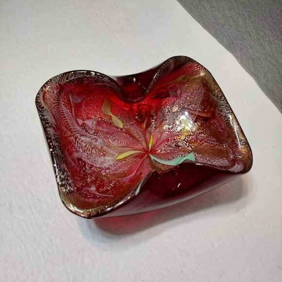 Vintage MCM Murano Red Glass Ashtray, AVEM Italy Tutti Frutti Dish, Italian Art - Picture 9 of 11